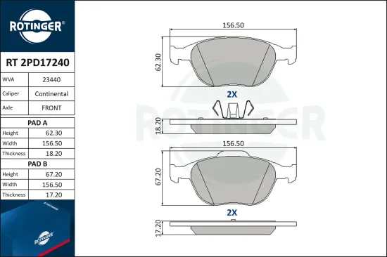 Bremsbelagsatz, Scheibenbremse Vorderachse ROTINGER RT 2PD17240 Bild Bremsbelagsatz, Scheibenbremse Vorderachse ROTINGER RT 2PD17240
