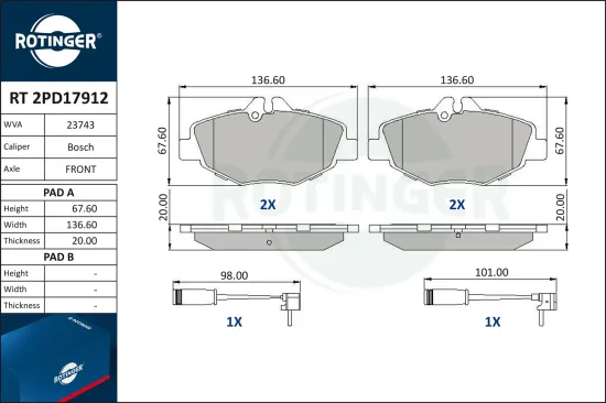 Bremsbelagsatz, Scheibenbremse Vorderachse ROTINGER RT 2PD17912 Bild Bremsbelagsatz, Scheibenbremse Vorderachse ROTINGER RT 2PD17912