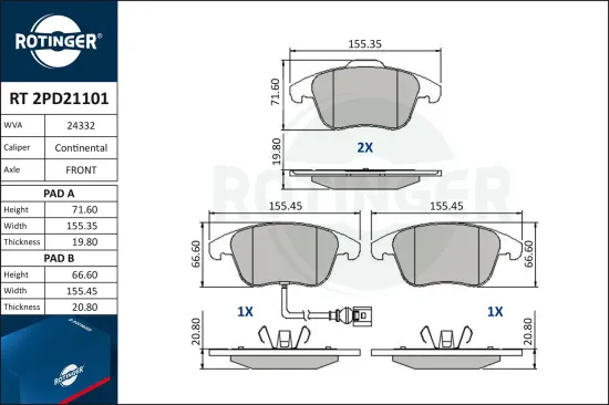 Bremsbelagsatz, Scheibenbremse ROTINGER RT 2PD21101 Bild Bremsbelagsatz, Scheibenbremse ROTINGER RT 2PD21101