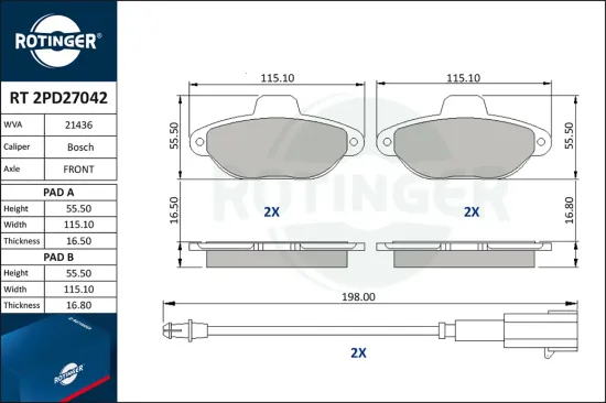 Bremsbelagsatz, Scheibenbremse Vorderachse ROTINGER RT 2PD27042 Bild Bremsbelagsatz, Scheibenbremse Vorderachse ROTINGER RT 2PD27042
