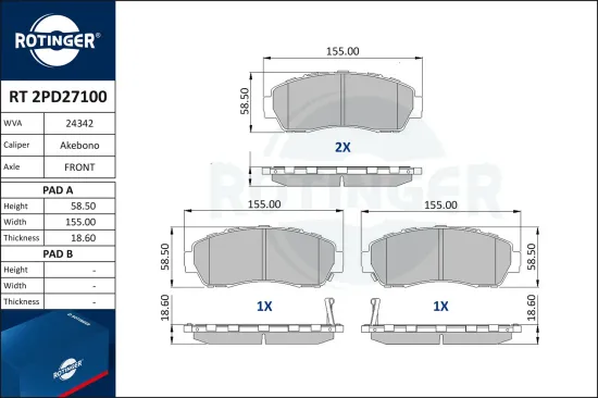 Bremsbelagsatz, Scheibenbremse Vorderachse ROTINGER RT 2PD27100 Bild Bremsbelagsatz, Scheibenbremse Vorderachse ROTINGER RT 2PD27100