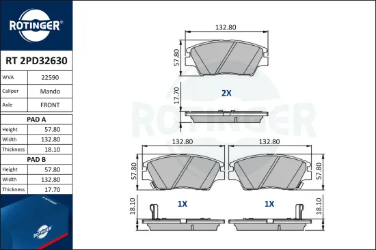 Bremsbelagsatz, Scheibenbremse ROTINGER RT 2PD32630 Bild Bremsbelagsatz, Scheibenbremse ROTINGER RT 2PD32630