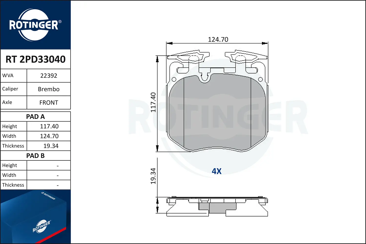 Bremsbelagsatz, Scheibenbremse ROTINGER RT 2PD33040