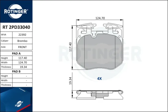 Bremsbelagsatz, Scheibenbremse ROTINGER RT 2PD33040 Bild Bremsbelagsatz, Scheibenbremse ROTINGER RT 2PD33040