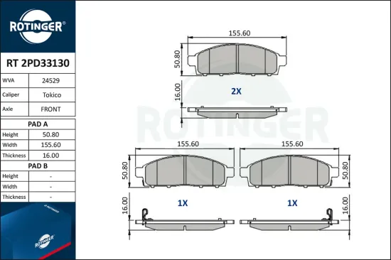 Bremsbelagsatz, Scheibenbremse ROTINGER RT 2PD33130 Bild Bremsbelagsatz, Scheibenbremse ROTINGER RT 2PD33130