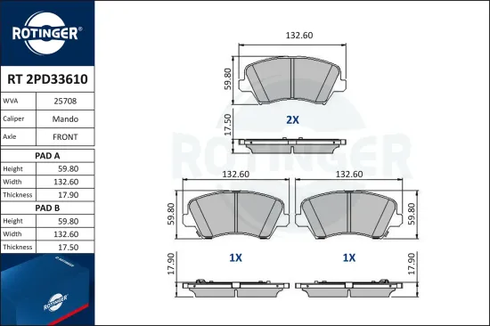 Bremsbelagsatz, Scheibenbremse ROTINGER RT 2PD33610 Bild Bremsbelagsatz, Scheibenbremse ROTINGER RT 2PD33610