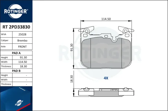 Bremsbelagsatz, Scheibenbremse ROTINGER RT 2PD33830 Bild Bremsbelagsatz, Scheibenbremse ROTINGER RT 2PD33830