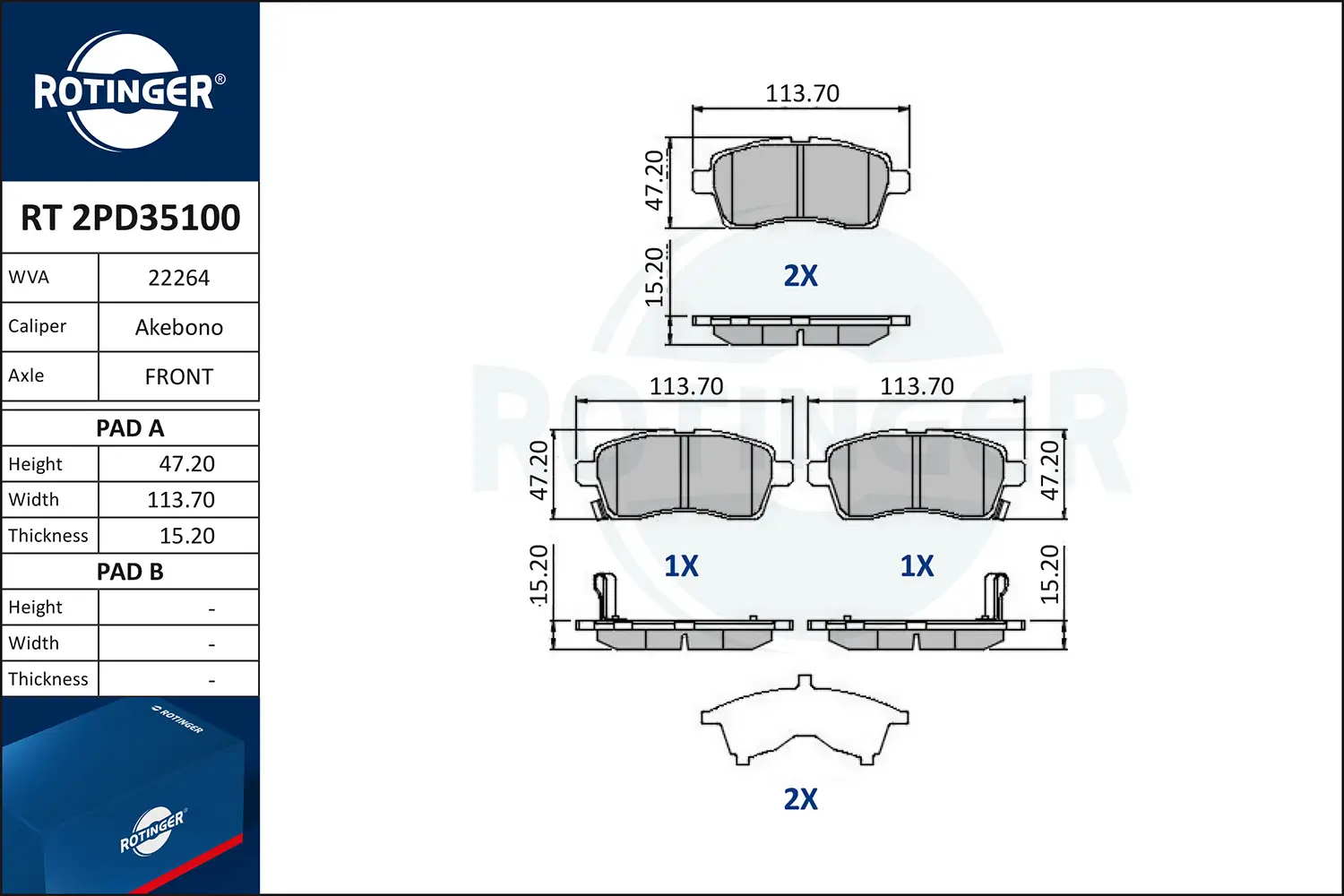 Bremsbelagsatz, Scheibenbremse Vorderachse ROTINGER RT 2PD35100