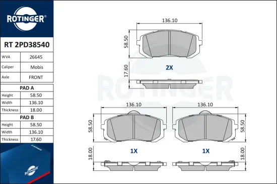 Bremsbelagsatz, Scheibenbremse Vorderachse ROTINGER RT 2PD38540 Bild Bremsbelagsatz, Scheibenbremse Vorderachse ROTINGER RT 2PD38540