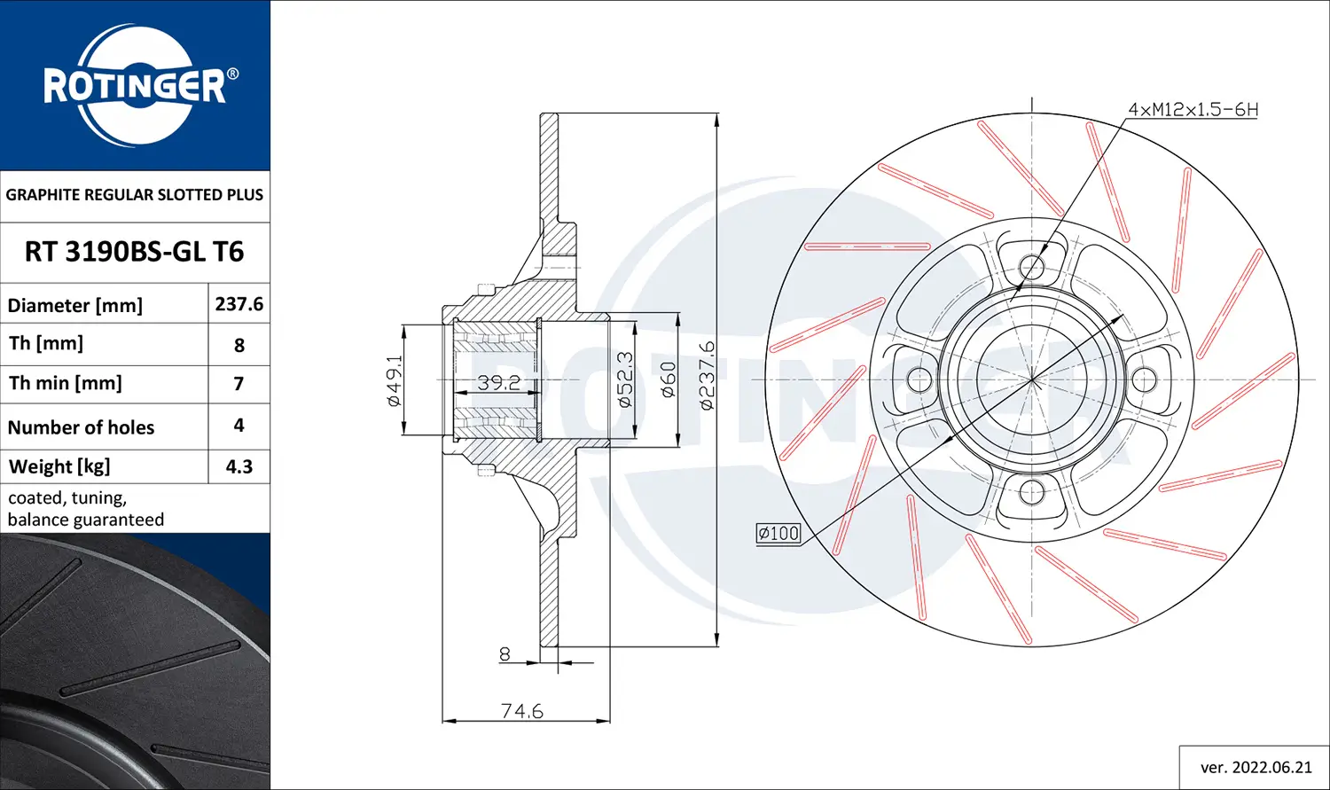 Bremsscheibe Hinterachse ROTINGER RT 3190BS-GL T6