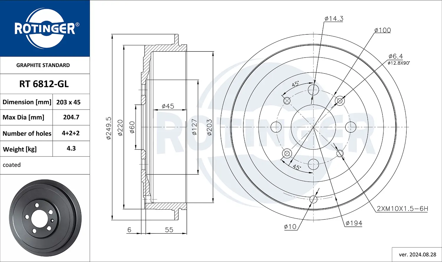 Bremstrommel Hinterachse ROTINGER RT 6812-GL