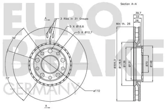 Bremsscheibe Hinterachse EUROBRAKE 5815201548 Bild Bremsscheibe Hinterachse EUROBRAKE 5815201548