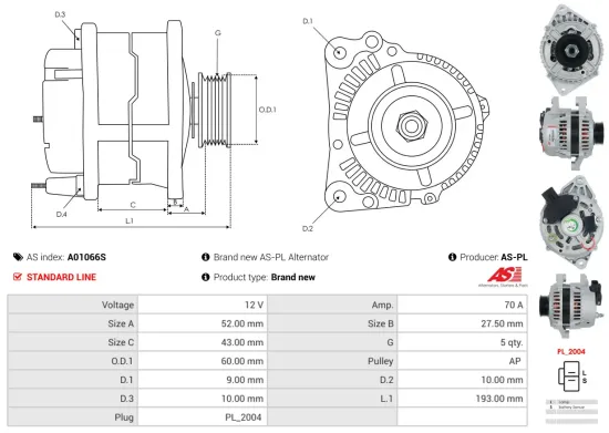 Generator 12 V AS-PL A01066S Bild Generator 12 V AS-PL A01066S
