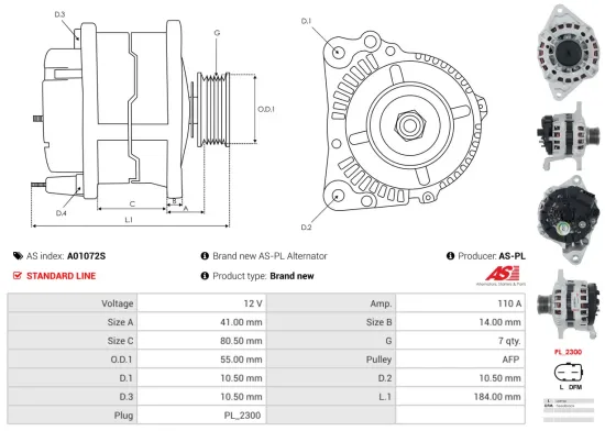 Generator 12 V AS-PL A01072S Bild Generator 12 V AS-PL A01072S