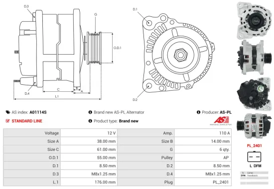 Generator 12 V AS-PL A01114S Bild Generator 12 V AS-PL A01114S
