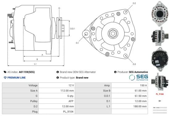 Generator 12 V AS-PL A01159(SEG) Bild Generator 12 V AS-PL A01159(SEG)