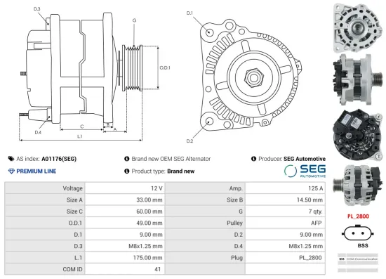 Generator 12 V AS-PL A01176(SEG) Bild Generator 12 V AS-PL A01176(SEG)