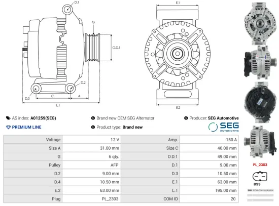 Generator 12 V AS-PL A01259(SEG) Bild Generator 12 V AS-PL A01259(SEG)
