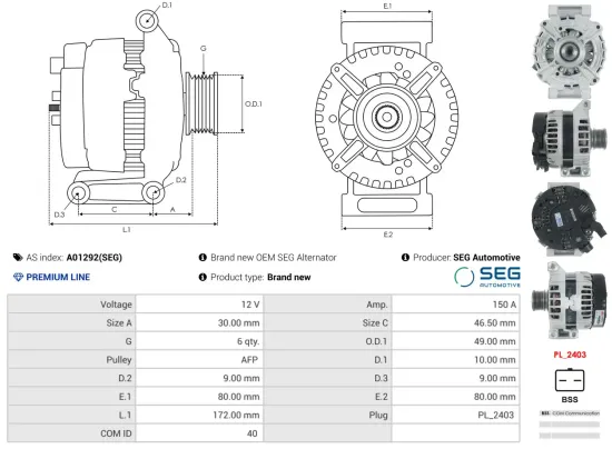 Generator 12 V AS-PL A01292(SEG) Bild Generator 12 V AS-PL A01292(SEG)