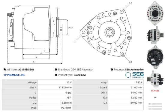 Generator 12 V AS-PL A01358(SEG) Bild Generator 12 V AS-PL A01358(SEG)