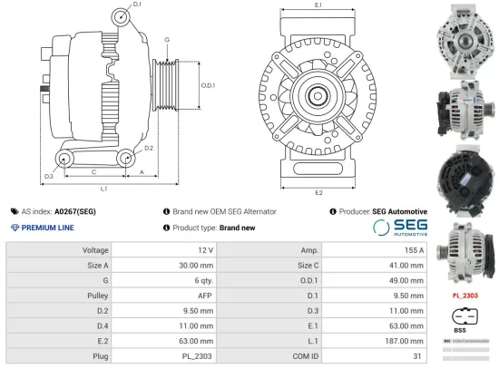 Generator 12 V AS-PL A0267(SEG) Bild Generator 12 V AS-PL A0267(SEG)