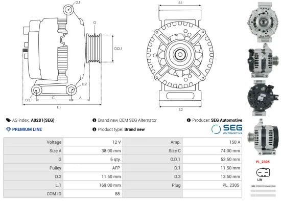Generator 12 V AS-PL A0281(SEG) Bild Generator 12 V AS-PL A0281(SEG)