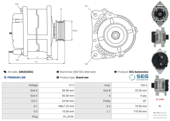 Generator 12 V AS-PL A0632(SEG) Bild Generator 12 V AS-PL A0632(SEG)