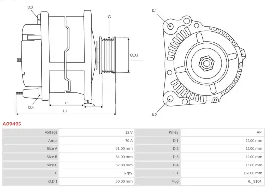 Generator 12 V AS-PL A0949S Bild Generator 12 V AS-PL A0949S