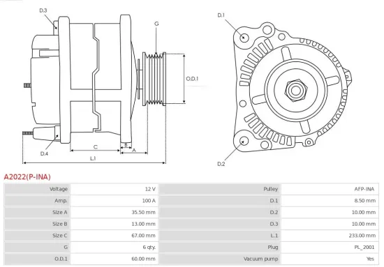 Generator 12 V AS-PL A2022(P-INA) Bild Generator 12 V AS-PL A2022(P-INA)