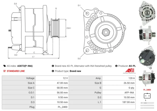 Generator 12 V AS-PL A3073(P-INA) Bild Generator 12 V AS-PL A3073(P-INA)