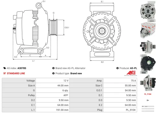 Generator 12 V AS-PL A3078S Bild Generator 12 V AS-PL A3078S
