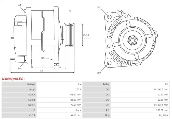 Generator 12 V AS-PL A3098(VALEO) Bild Generator 12 V AS-PL A3098(VALEO)