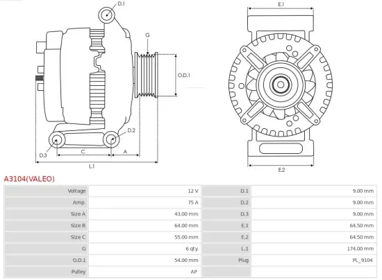 Generator 12 V AS-PL A3104(VALEO) Bild Generator 12 V AS-PL A3104(VALEO)