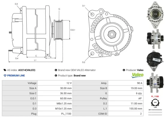 Generator 12 V AS-PL A3214(VALEO) Bild Generator 12 V AS-PL A3214(VALEO)