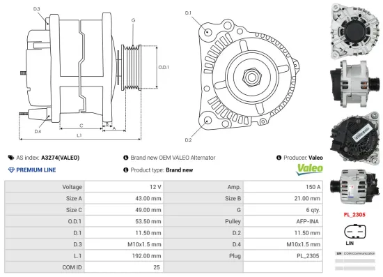 Generator 12 V AS-PL A3274(VALEO) Bild Generator 12 V AS-PL A3274(VALEO)