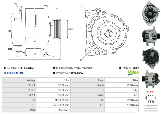 Generator 12 V AS-PL A3341(VALEO) Bild Generator 12 V AS-PL A3341(VALEO)
