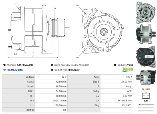 Generator 12 V AS-PL A3472(VALEO) Bild Generator 12 V AS-PL A3472(VALEO)
