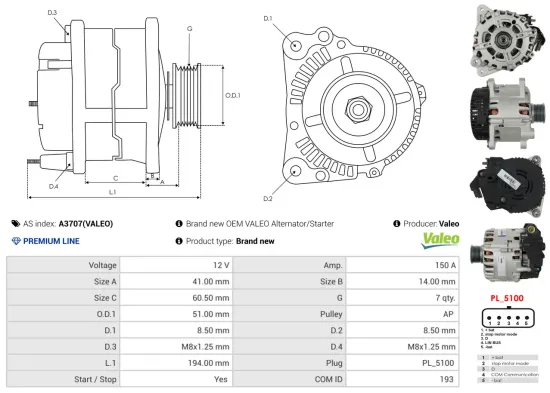 Generator 12 V AS-PL A3707(VALEO) Bild Generator 12 V AS-PL A3707(VALEO)