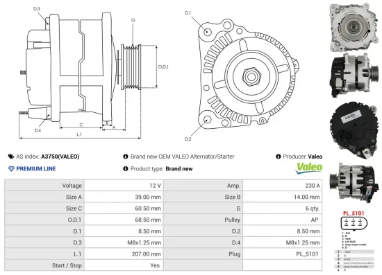 Generator 12 V AS-PL A3750(VALEO) Bild Generator 12 V AS-PL A3750(VALEO)