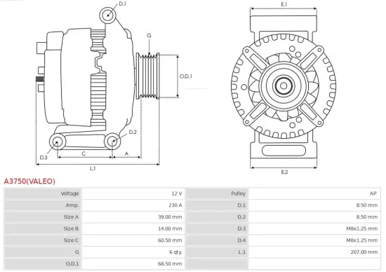 Generator 12 V AS-PL A3750(VALEO) Bild Generator 12 V AS-PL A3750(VALEO)