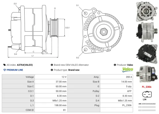 Generator 12 V AS-PL A3764(VALEO) Bild Generator 12 V AS-PL A3764(VALEO)