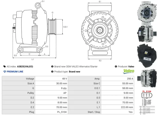 Generator 48 V AS-PL A3825(VALEO) Bild Generator 48 V AS-PL A3825(VALEO)