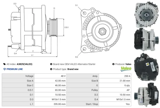 Generator 48 V AS-PL A3829(VALEO) Bild Generator 48 V AS-PL A3829(VALEO)