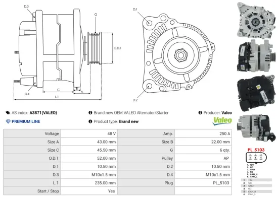 Generator 48 V AS-PL A3871(VALEO) Bild Generator 48 V AS-PL A3871(VALEO)
