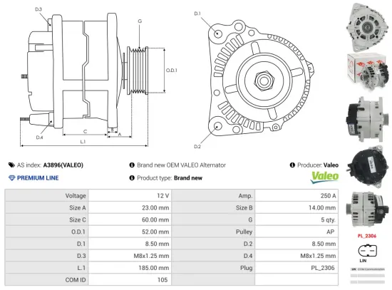 Generator 12 V AS-PL A3896(VALEO) Bild Generator 12 V AS-PL A3896(VALEO)