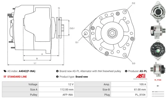 Generator 12 V AS-PL A4042(P-INA) Bild Generator 12 V AS-PL A4042(P-INA)