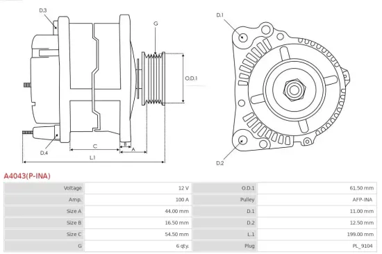 Generator 12 V AS-PL A4043(P-INA) Bild Generator 12 V AS-PL A4043(P-INA)