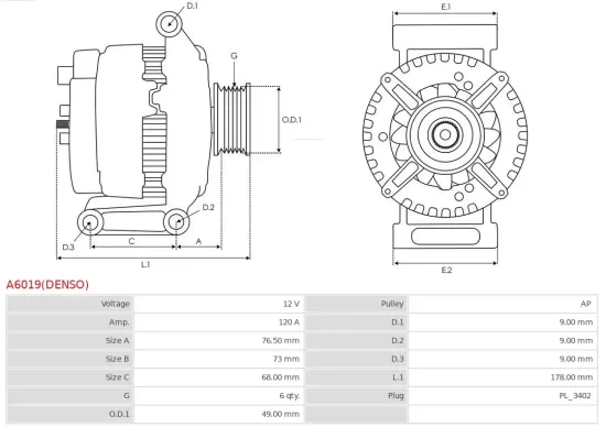 Generator 12 V AS-PL A6019(DENSO) Bild Generator 12 V AS-PL A6019(DENSO)