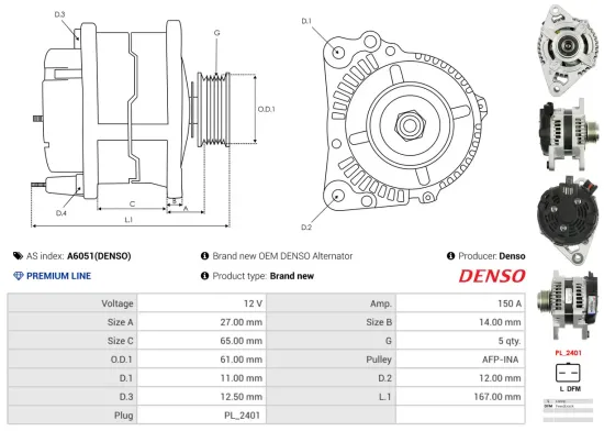 Generator 12 V AS-PL A6051(DENSO) Bild Generator 12 V AS-PL A6051(DENSO)