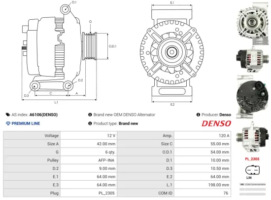 Generator 12 V AS-PL A6106(DENSO) Bild Generator 12 V AS-PL A6106(DENSO)